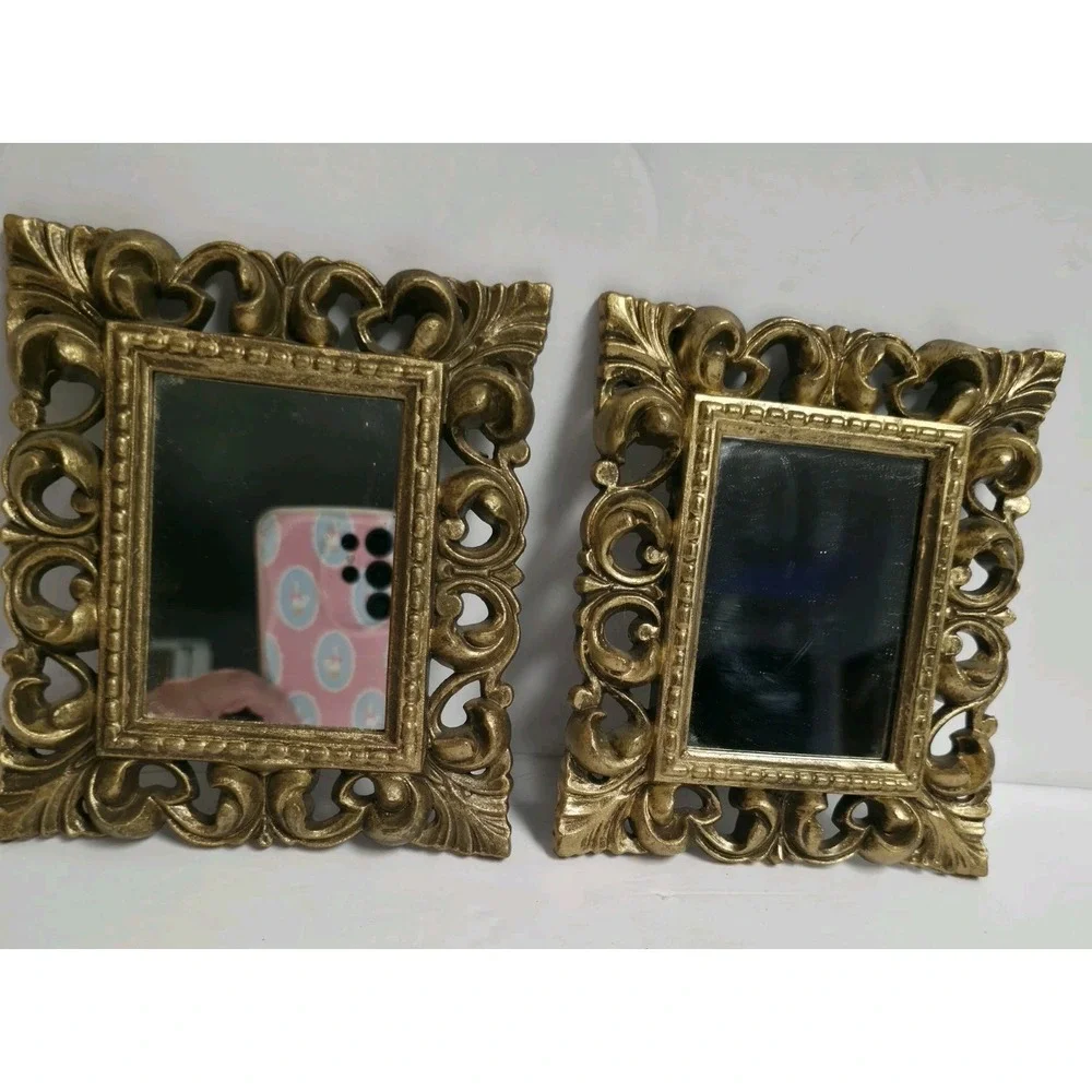 Vintage TMC Gold Filigree Ornate Small Accent Mirrors Set of 2 Baroque Tuscan